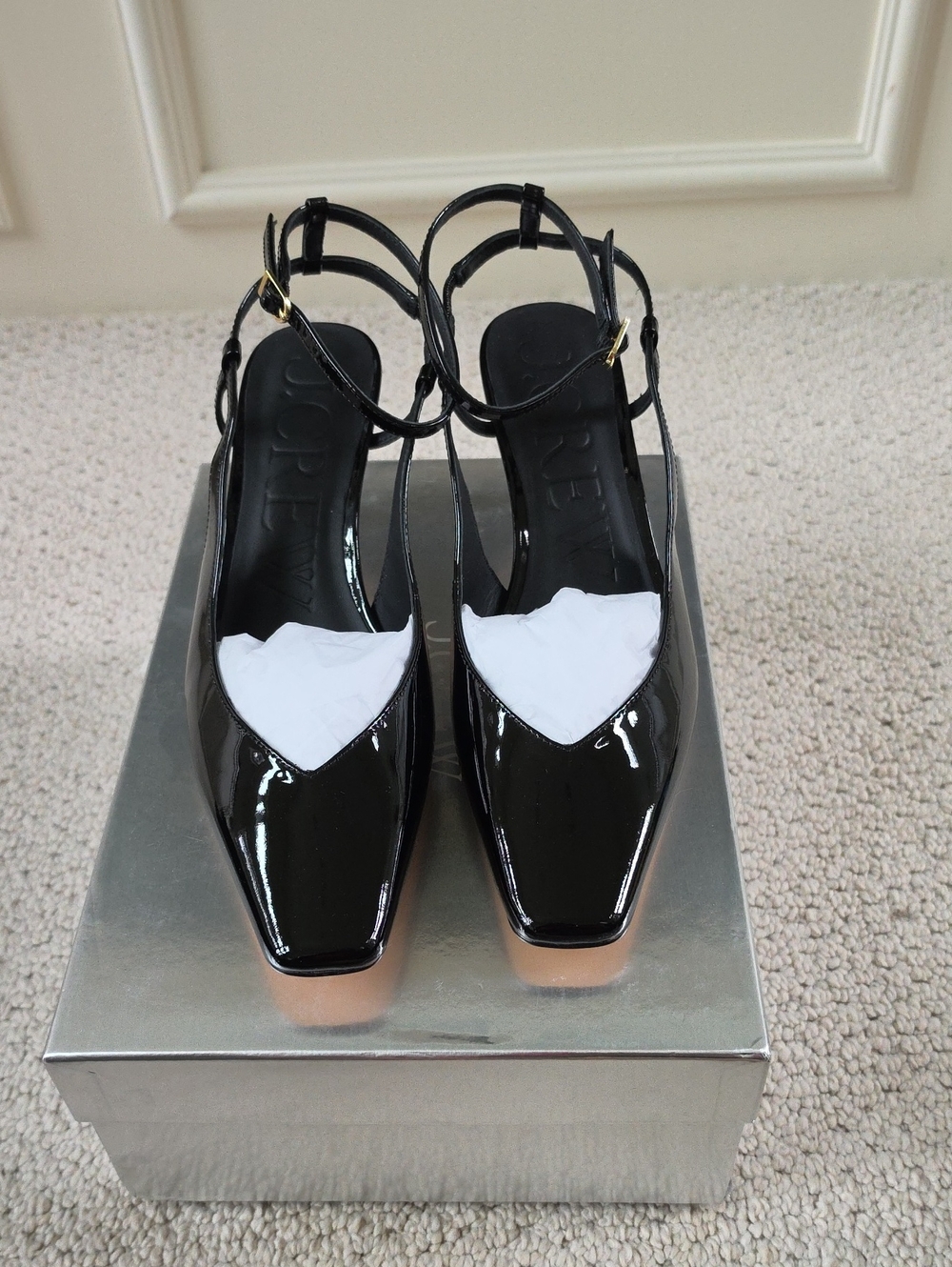 J. Crew Black Patent Square-Toe Slingback Heels